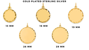 Gold plated sterling silver diamond-cut disc charms in all five sizes, 13mm through 29mm