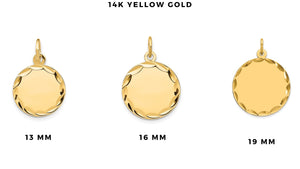 14k yellow gold diamond-cut disc charms shown in 13mm, 16mm and 19mm sizes