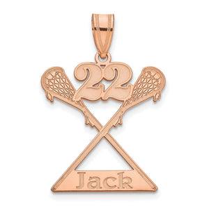 Rose gold lacrosse pendant with crossed sticks, number 22, and the name Jack