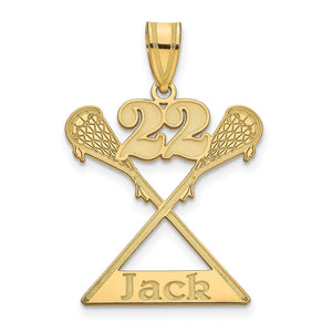 Yellow gold lacrosse pendant with crossed sticks, number 22, and the name Jack