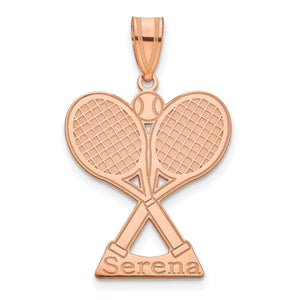 Rose gold tennis racket pendant with crossed rackets and the name Serena