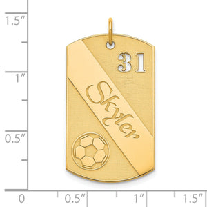 Size chart for the gold plated soccer dog tag pendant, about 1.5 inches tall