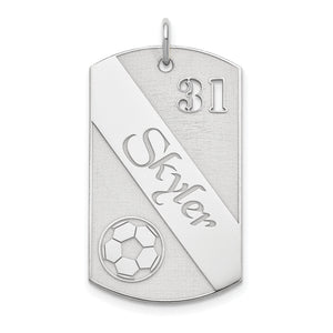 Sterling silver soccer dog tag pendant with cut-out number 31, engraved name Skyler, and soccer ball graphic