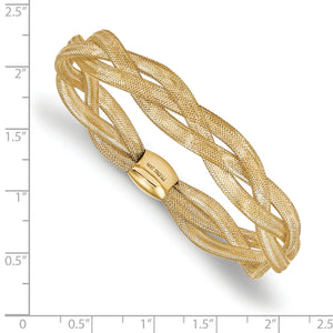 14K gold woven mesh bangle beside a ruler, measuring about 2.25 inches across