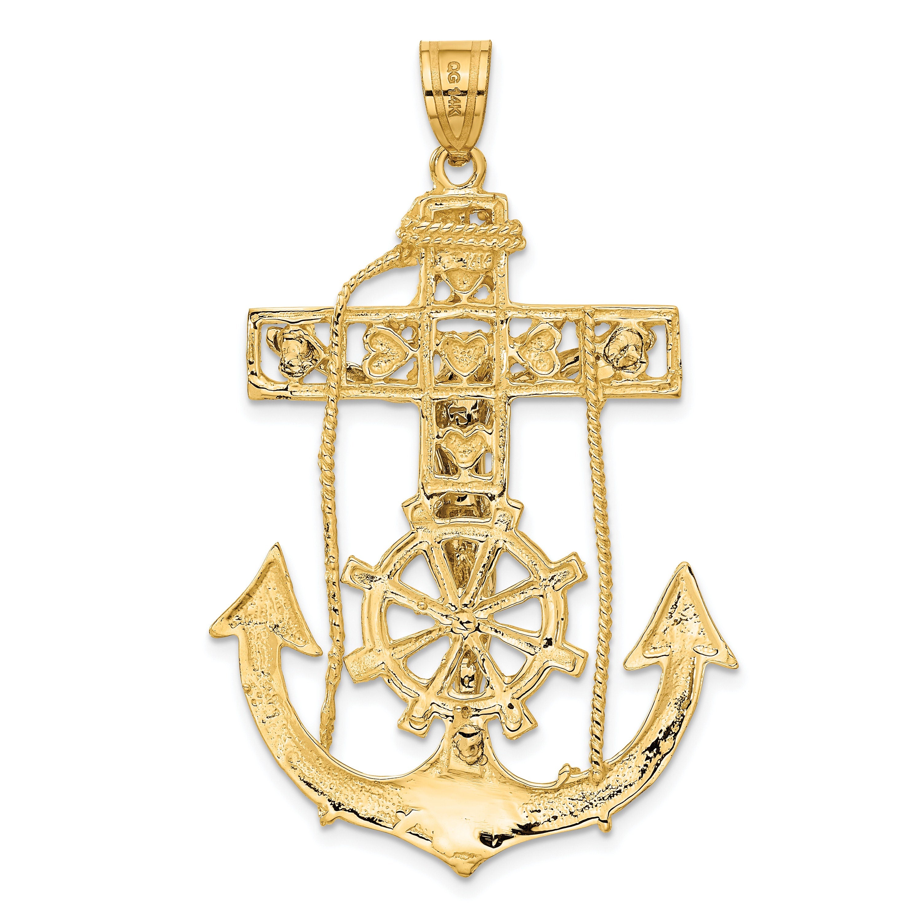 14k Two-Tone Gold Mariner Crucifix Pendant  Yellow & White Gold Anchor Cross  Nautical Jesus Piece  56mm Polished Religious Jewelry