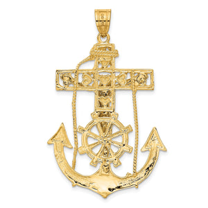 Yellow gold side of the mariner crucifix pendant with the anchor and ship wheel detailing