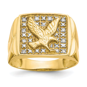 Front view of the yellow gold men's eagle ring with diamonds around the eagle
