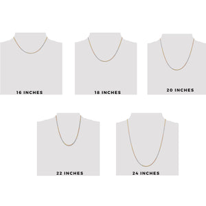 Rope chain length guide on a neck form: 16, 18, 20, 22 and 24 inches