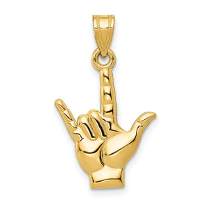 Polished 14K yellow gold I Love You hand pendant, front view on white