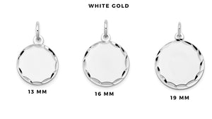 White gold diamond-cut disc charms shown in 13mm, 16mm and 19mm sizes