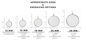 Disc charm size and engraving chart, from 13mm with one character to 29mm with three lines of fourteen characters