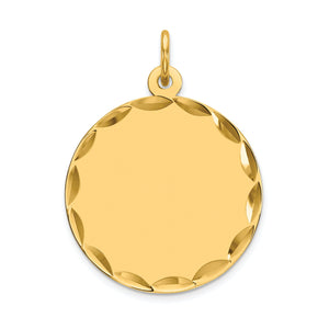 14k yellow gold diamond-cut disc charm with a faceted edge, ready for engraving