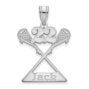 Sterling silver lacrosse pendant with crossed sticks, number 22, and the name Jack