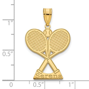 Size chart showing the tennis racket pendant beside a ruler, about one inch tall