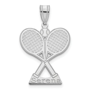 White gold tennis racket pendant with the name Serena