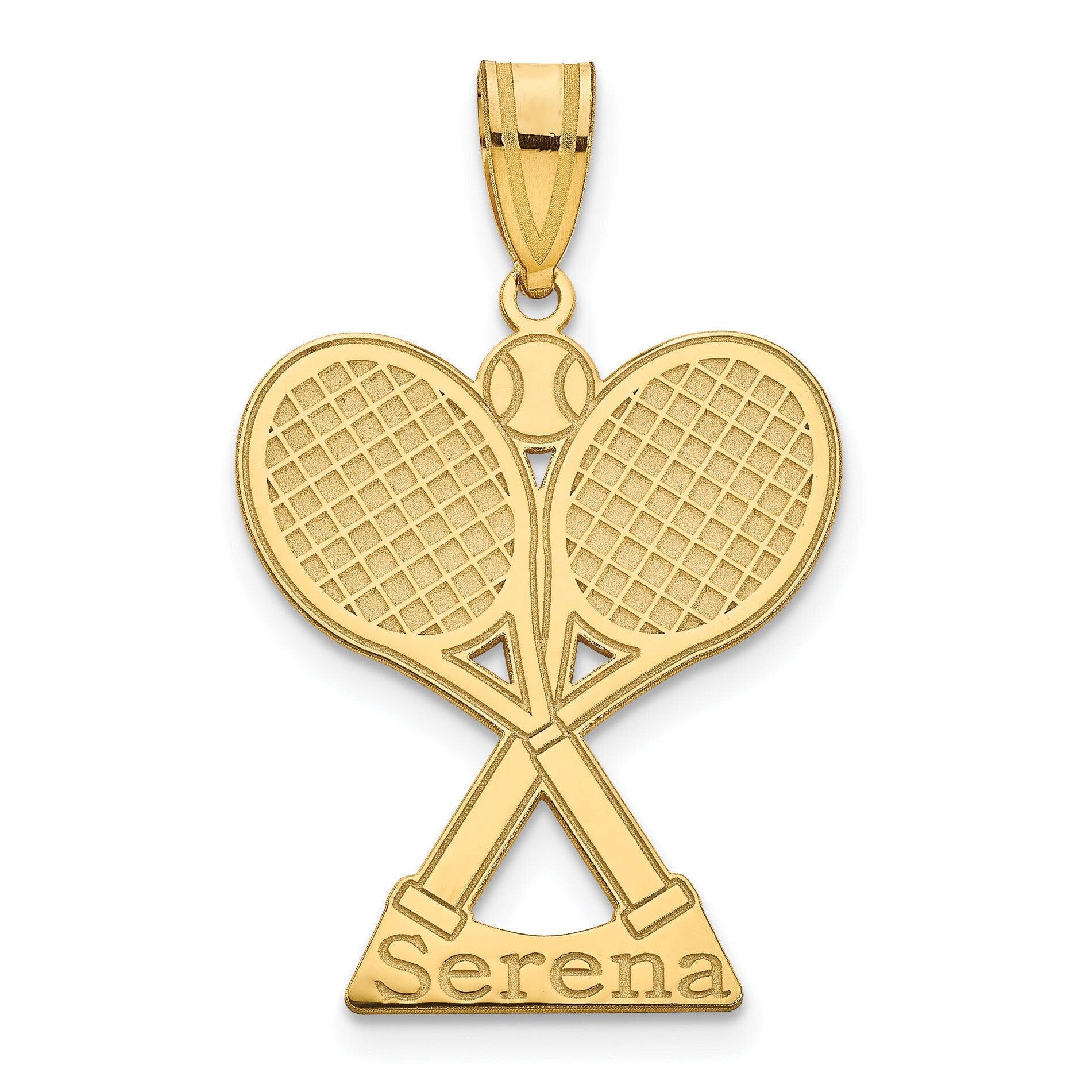 Personalized Tennis Racket Racquet & Name Pendant Polished Finish - Sterling Silver, 10k, 14k Gold - Yellow, White, Rose
