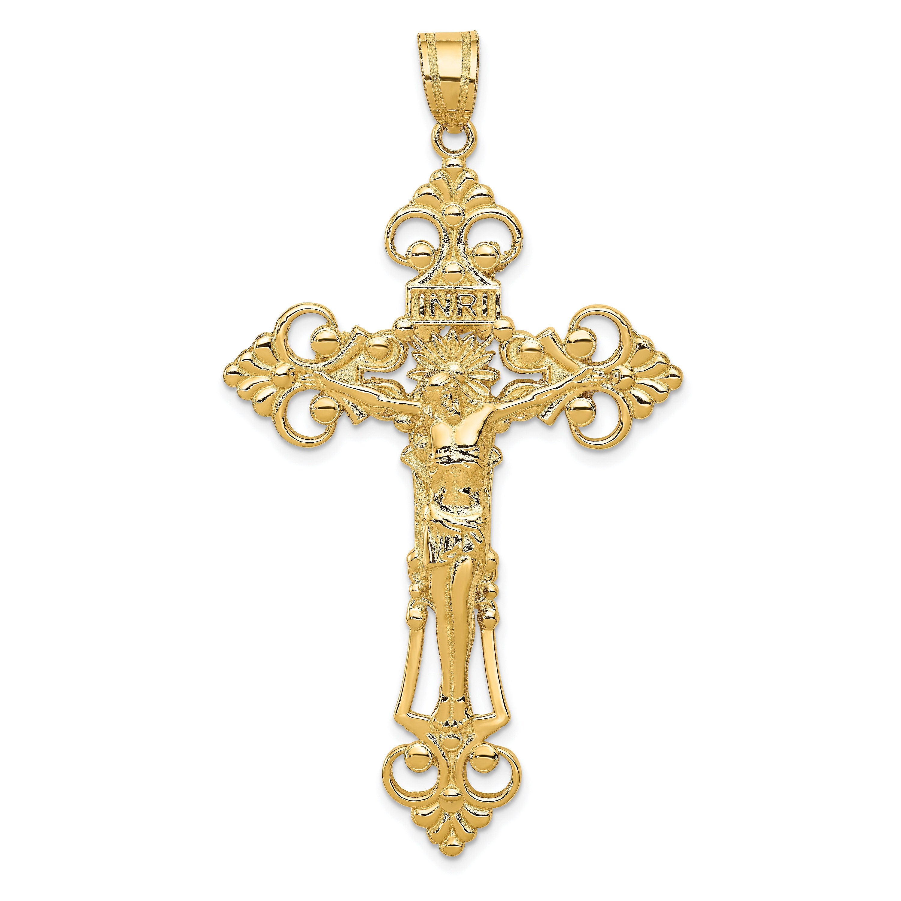 14k Gold INRI Crucifix Pendant for Men & Women  Large Fleur de Lis Cross Charm  Religious Gold Jewelry Gift  Catholic Necklace Pendant