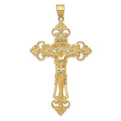14k Gold INRI Crucifix Pendant for Men & Women  Large Fleur de Lis Cross Charm  Religious Gold Jewelry Gift  Catholic Necklace Pendant