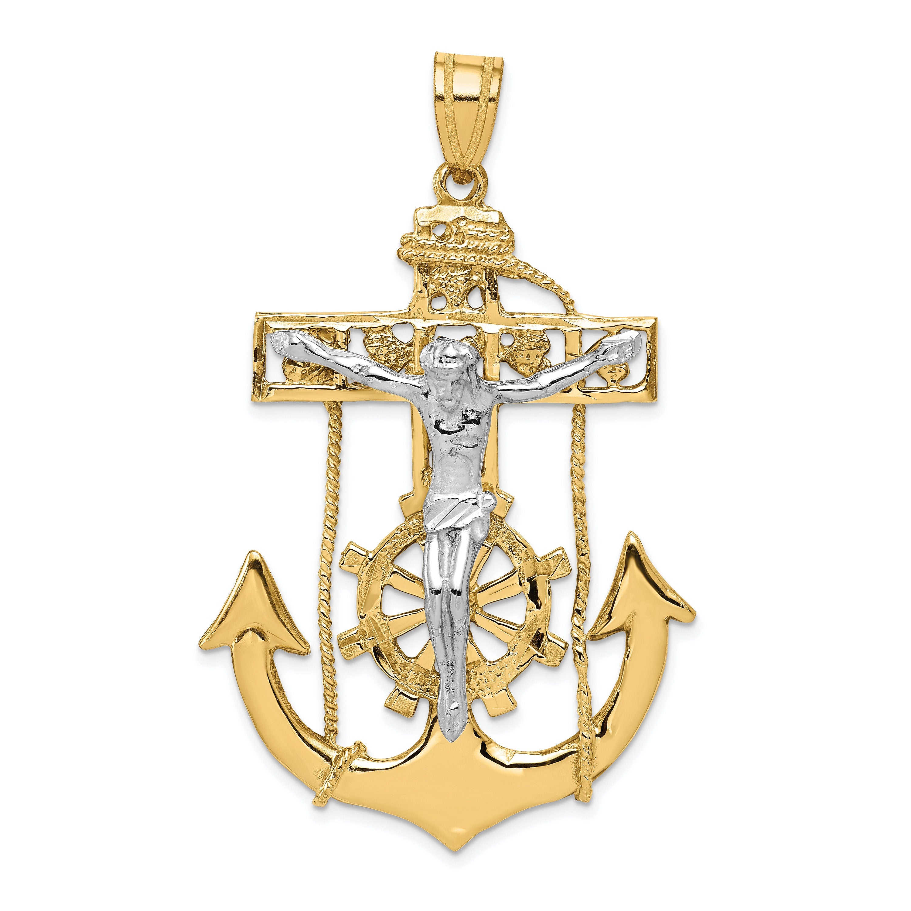 14k Two-Tone Gold Mariner Crucifix Pendant  Yellow & White Gold Anchor Cross  Nautical Jesus Piece  56mm Polished Religious Jewelry