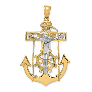 Front view of the two-tone gold mariner crucifix pendant showing the ship wheel behind the figure