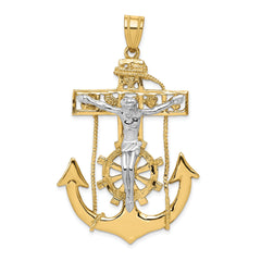 14k Two-Tone Gold Mariner Crucifix Pendant  Yellow & White Gold Anchor Cross  Nautical Jesus Piece  56mm Polished Religious Jewelry