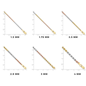 Rope chain width guide from 1.5mm to 4mm against inch scales