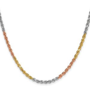 Single 14k tri-color diamond-cut rope chain laid in a curve