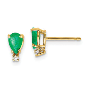 Yellow gold pear cut emerald stud earring with a round diamond accent, front and side view