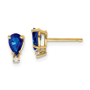 Yellow gold pear cut sapphire stud earring with a round diamond accent, front and side view