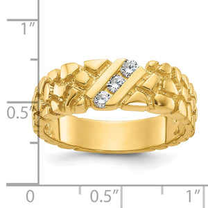 Men's gold nugget diamond ring beside a ruler showing the top is about half an inch wide