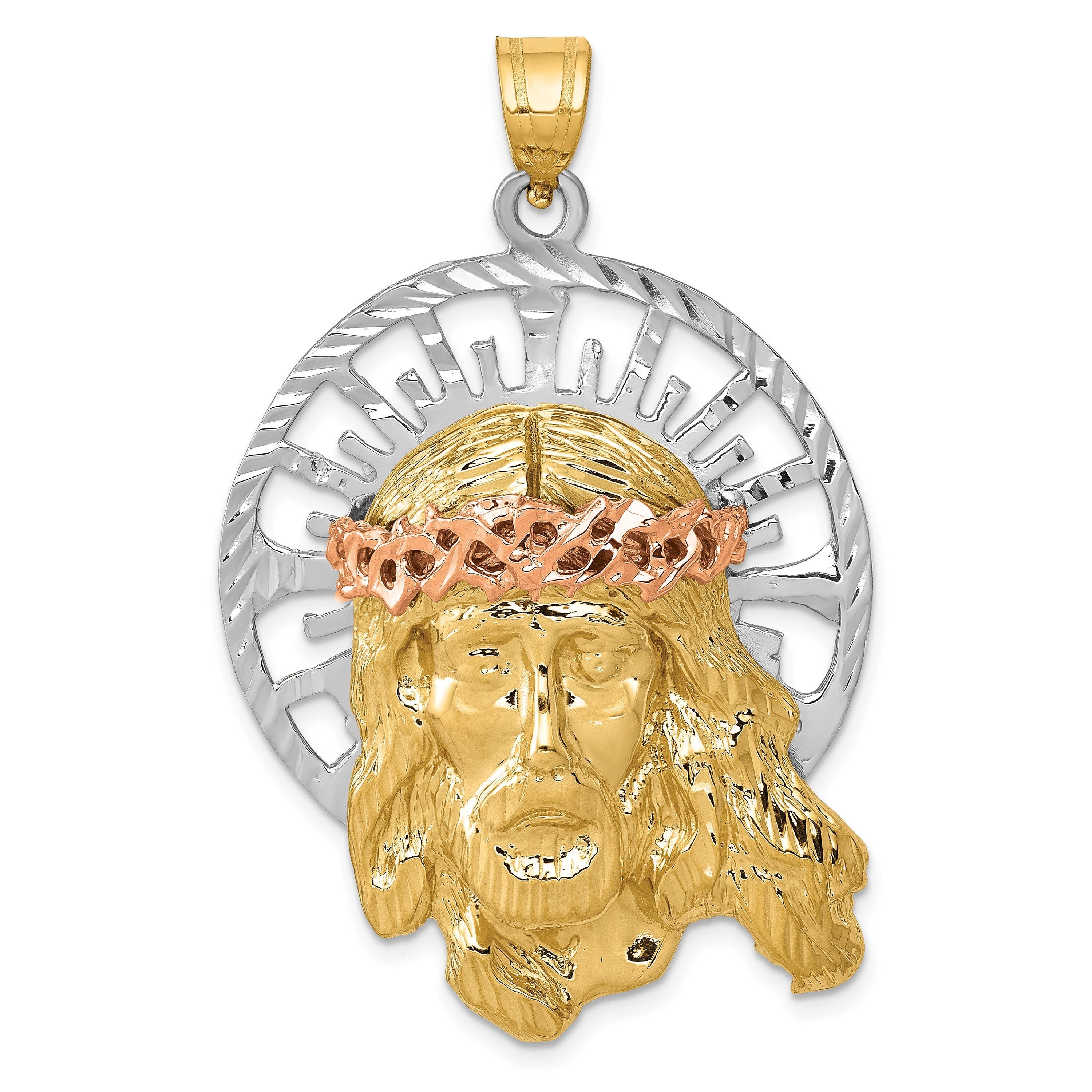 14K Tri-Color Gold Jesus Pendant with Crown & Halo - Solid Gold Religious Jewelry - Christ Charm in 4 Sizes - Gift Box Included