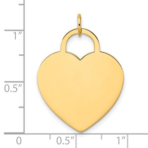 14k yellow gold heart disc charm beside a ruler, about 35mm tall and 22mm wide
