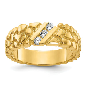 Men's 14k yellow gold nugget band with textured nugget pattern and a diagonal channel of round diamonds