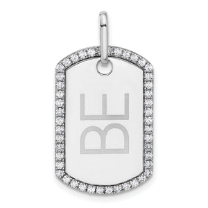 White gold diamond dog tag engraved vertically with the initials BE