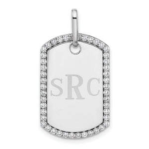 White gold diamond dog tag engraved with the monogram SRC