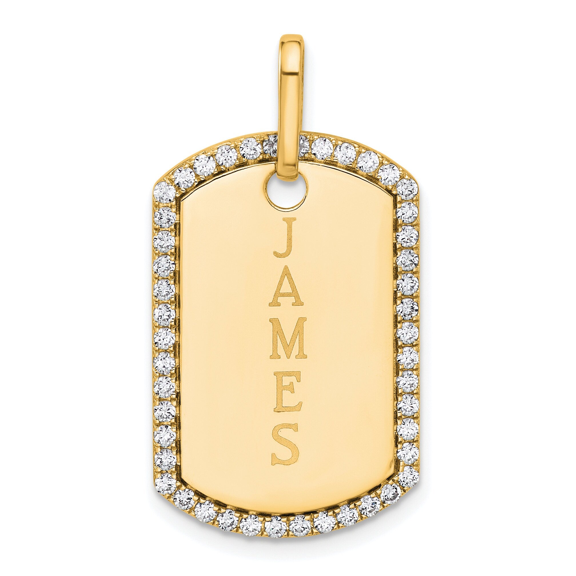 14K Yellow Gold Dog Tag Pendant with 0.552 CT Diamond Border, Engravable Custom Jewelry Gift for Men & Women