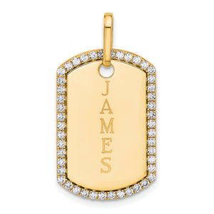 Yellow gold diamond dog tag engraved vertically with the name JAMES