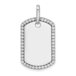 14K white gold dog tag pendant with a diamond border and a blank polished center