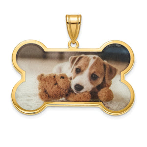 Gold plated dog bone pendant printed with a puppy and teddy bear photo