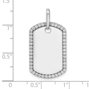 White gold diamond border dog tag pendant on a ruler, about 1 inch tall