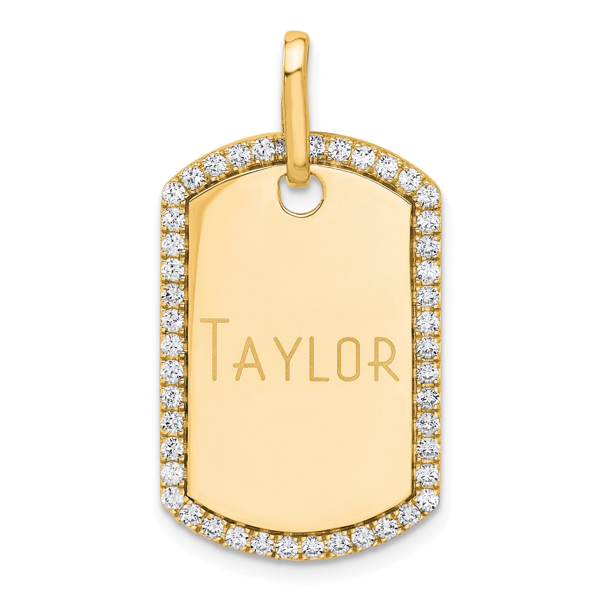 14K Yellow Gold Dog Tag Pendant with 0.552 CT Diamond Border, Engravable Custom Jewelry Gift for Men & Women