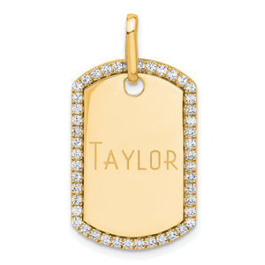 Yellow gold diamond dog tag engraved with the name TAYLOR
