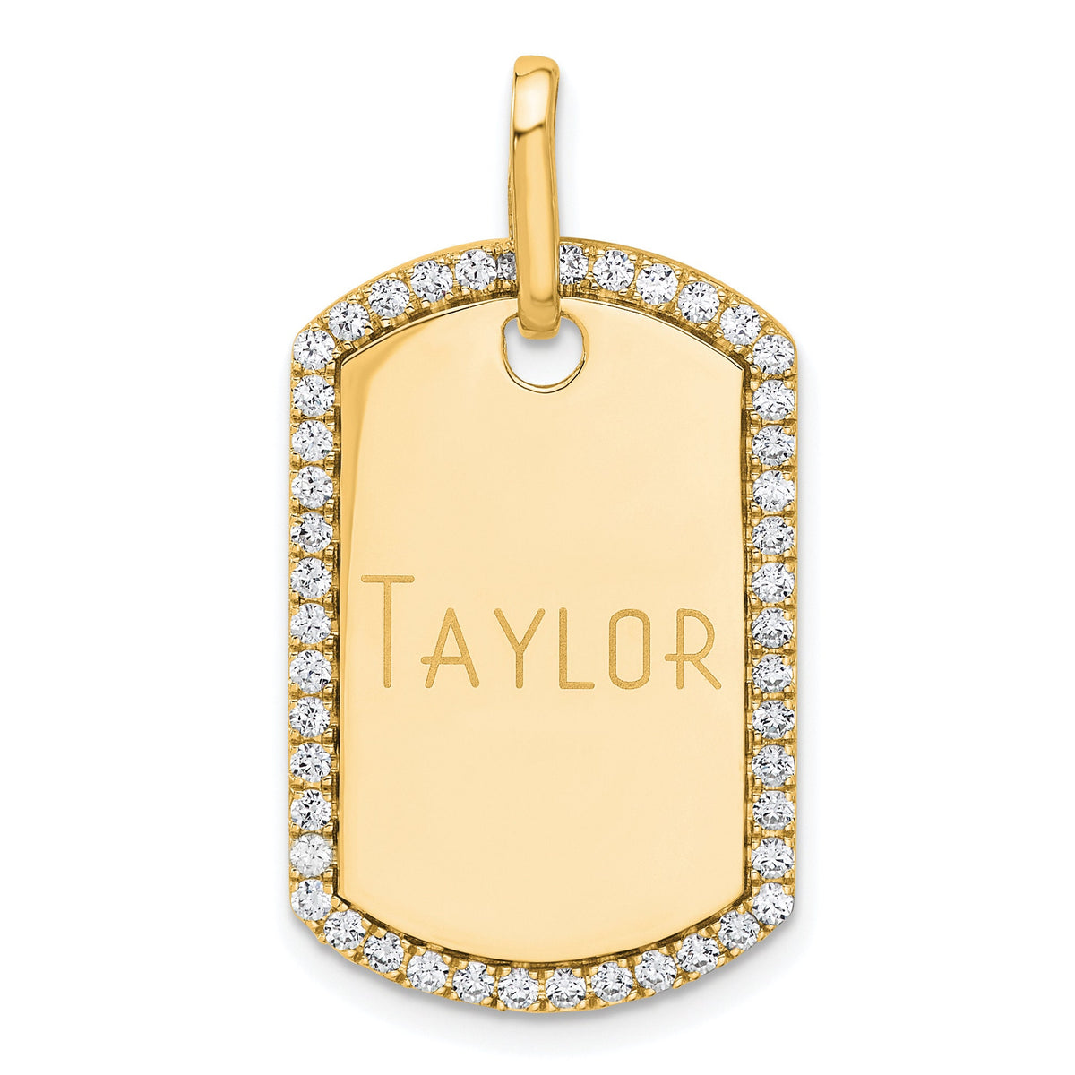 14K Yellow Gold Dog Tag Pendant with 0.552 CT Diamond Border, Engravable Custom Jewelry Gift for Men & Women