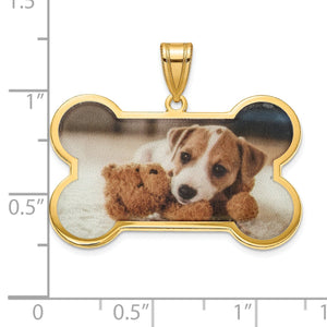 Gold plated dog bone photo pendant on a size chart, about 1 inch wide
