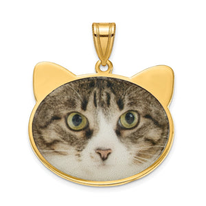 Gold plated cat head pendant printed with a tabby cat photo