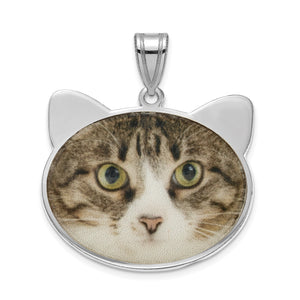 Sterling silver cat head pendant printed with a tabby cat photo