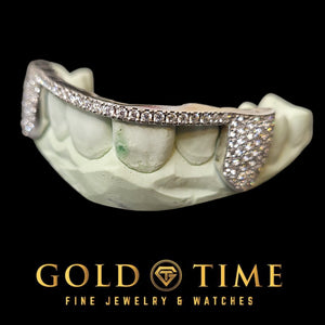 Angled view of the honeycomb moissanite grillz showing the iced canine and the tip row