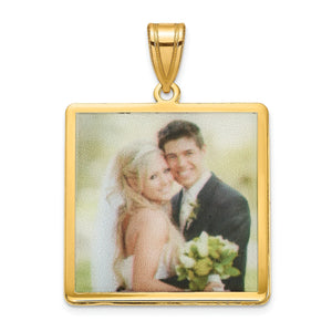 Gold plated sterling silver square photo pendant printed with a smiling bride and groom