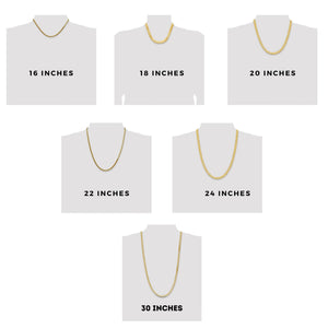 Herringbone chain length guide on a neck form: 16, 18, 20, 22, 24 and 30 inches