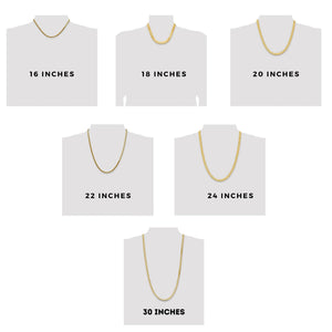 Herringbone chain length chart showing 16, 18, 20, 22, 24, and 30 inch lengths on neck forms